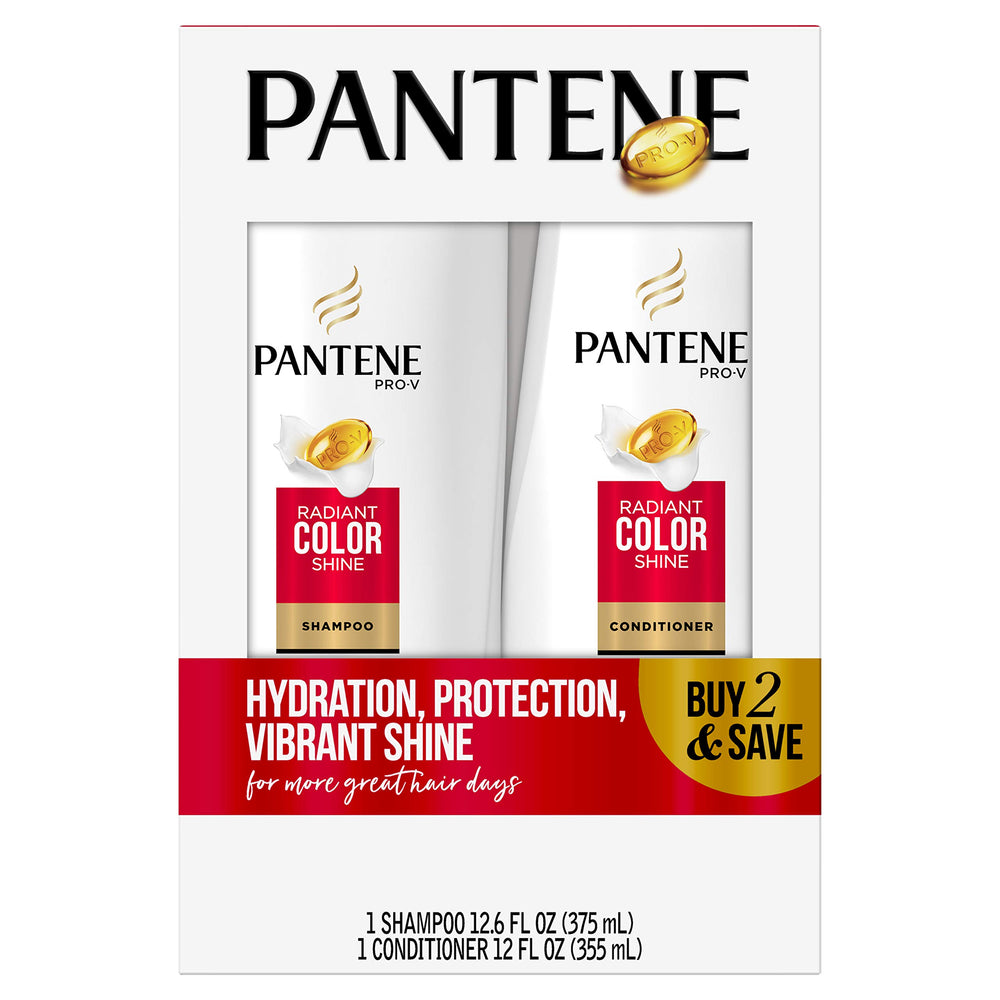 Pantene Radiant Color Shine shampoo bottle demonstrates color protection for vibrant, healthy-looking hair.