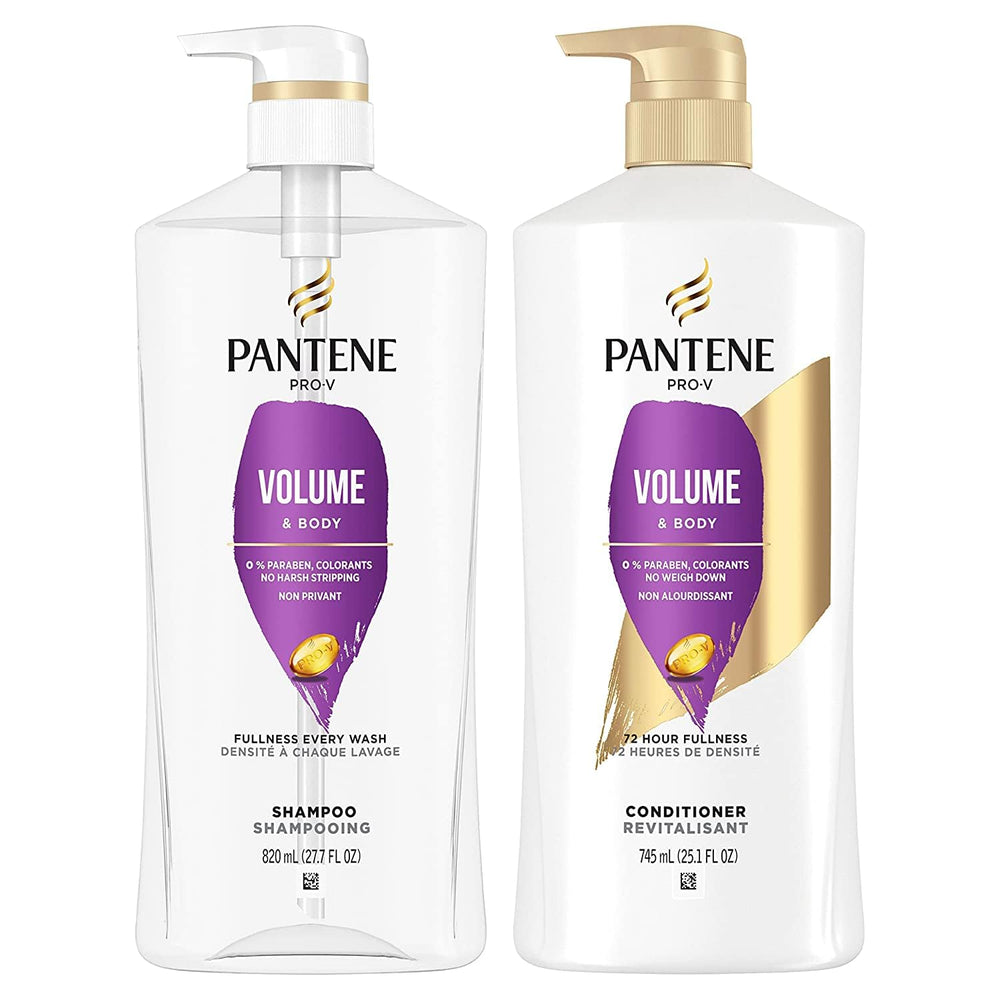 Pantene Volume & Body shampoo bottle close-up, showcasing lightweight nourishment for fine hair fullness.