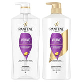 Pantene Volume & Body shampoo bottle close-up, showcasing lightweight nourishment for fine hair fullness.