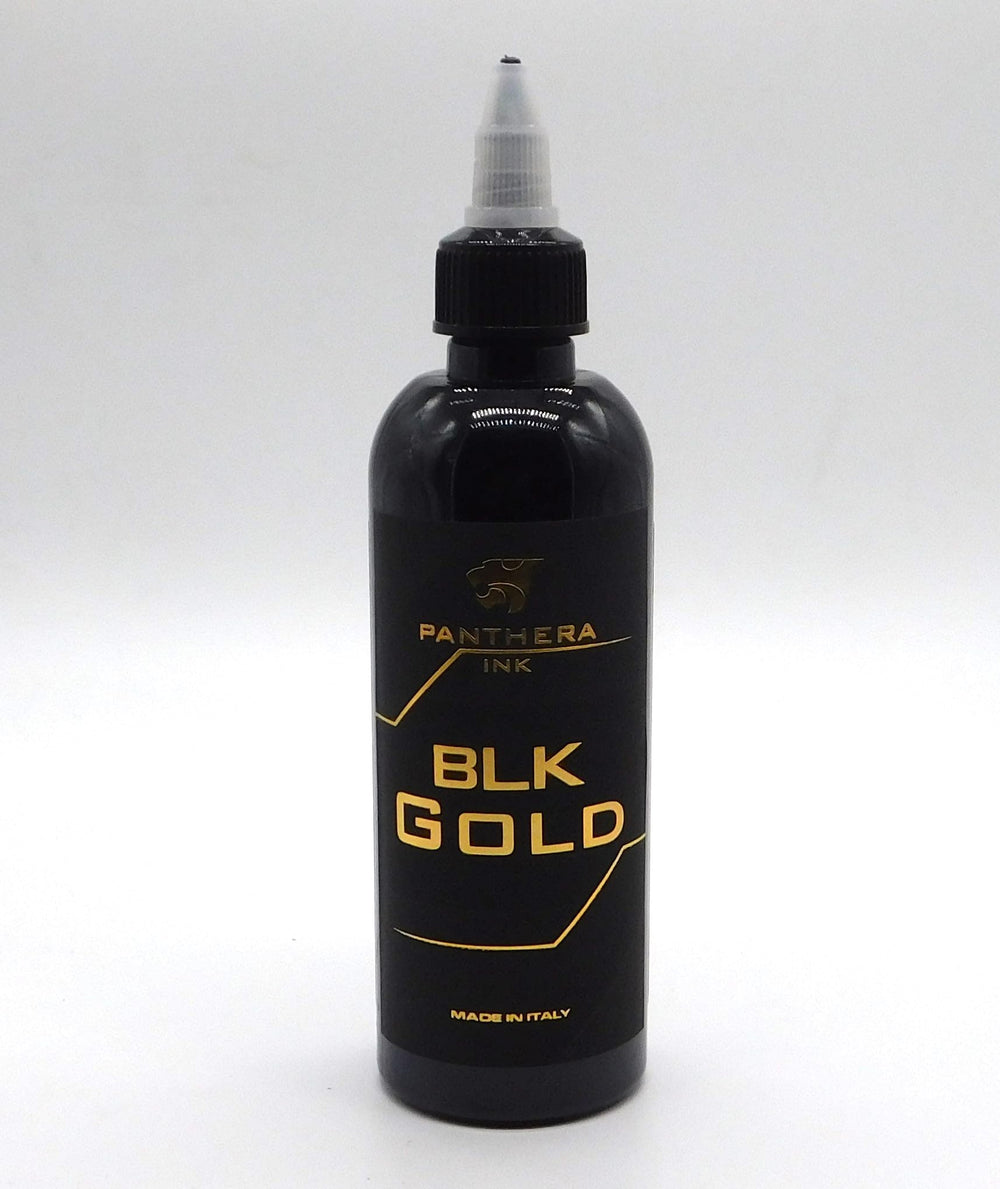 Panthera Black BLK Gold tattoo ink bottle with premium formula for deep, long-lasting black.