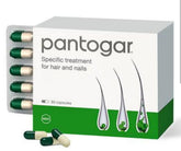 Pantogar original box front highlighting hair and nails support for daily care.