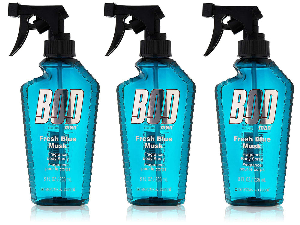 Parfums De Coeur BOD Man Fresh Blue Musk body spray bottle for daily fresh subtle masculinity.