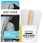 Parissa vegan microwavable warm wax kit packaging shows a clean vegan formula for at-home waxing.