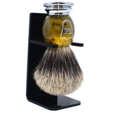 Parker 3-Band Pure Badger Brush with faux-horn handle forms rich lather for a smooth prep.