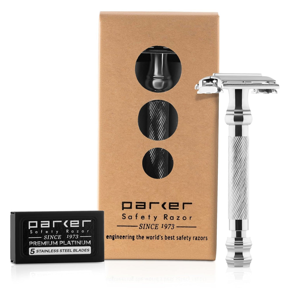 Parker 99R chrome long-handle image shows balanced weight for precise, controlled shaves.