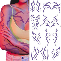 Party Greeting purple demon tattoo on the face for dramatic cosplay look.