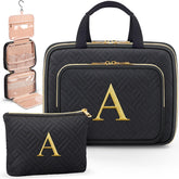 Partylamb initial toiletry bag hanging showing easy access during travel