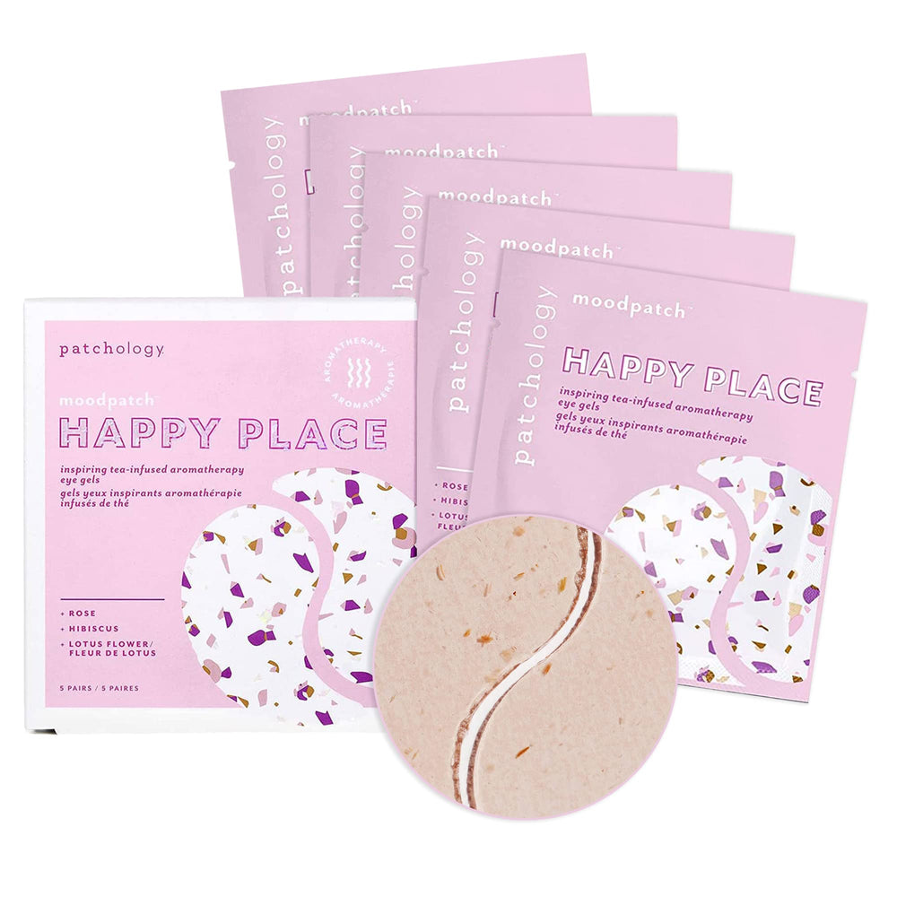 Patchology Happy Place under-eye patches packaging highlights brightening and depuffing