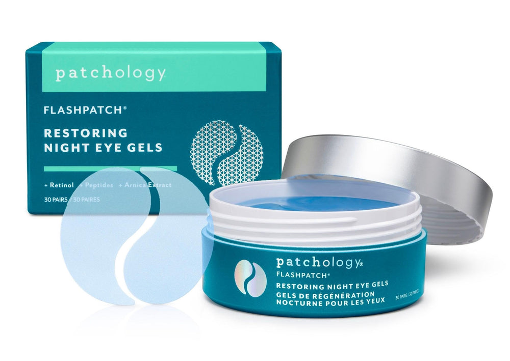 Patchology Restoring Eye Patches retinol bottle shows brightening overnight look