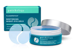 Patchology Restoring Eye Patches retinol bottle shows brightening overnight look
