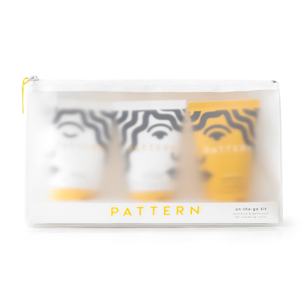 PATTERN Beauty On-The-Go Kit clear zip bag for organized travel-ready curly hair care.