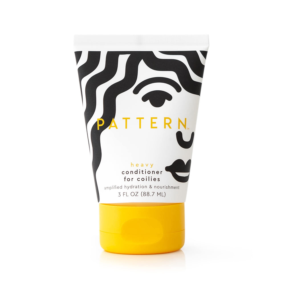 PATTERN heavy conditioner bottle closeup highlights rich moisture for coily textures