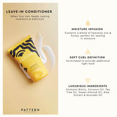 PATTERN Leave-In Conditioner bottle open showcases premium hydration for coily textures.