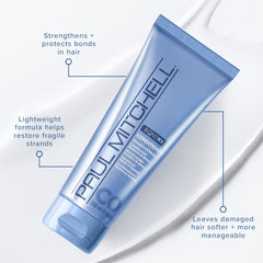 Paul Mitchell Bond Rx conditioner label closeup highlights Bond Rx technology for strengthened strands