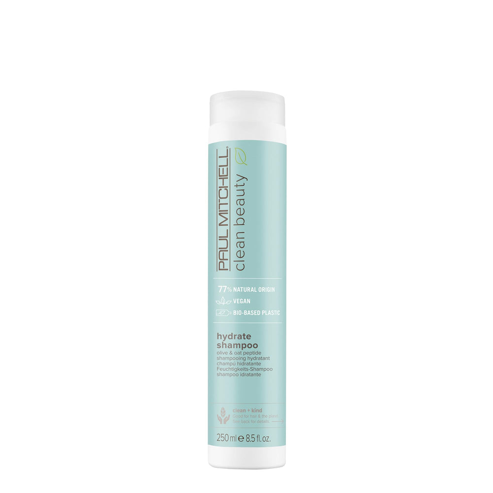 Paul Mitchell Clean Beauty Hydrate Shampoo bottle shows hydrating formula for soft hair
