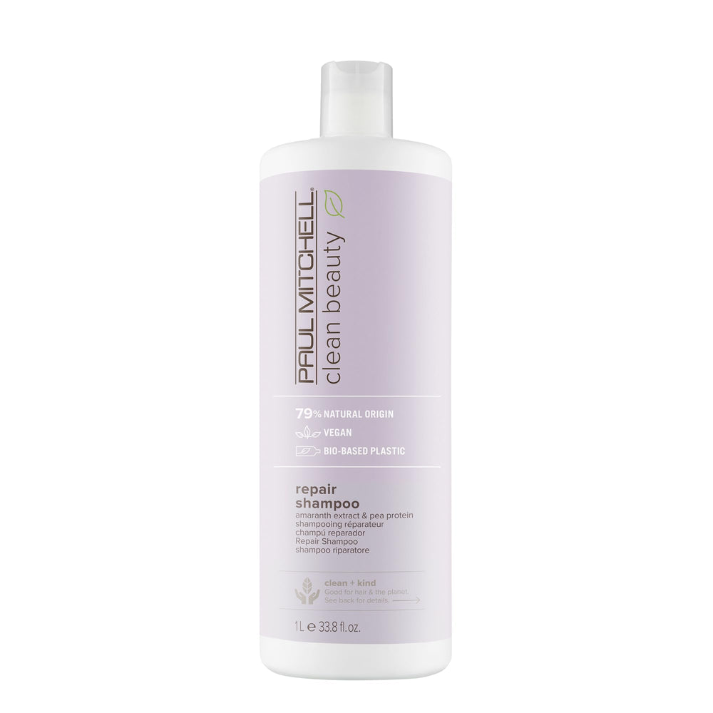 Paul Mitchell Clean Beauty Repair Shampoo bottle close-up for stronger hair repair