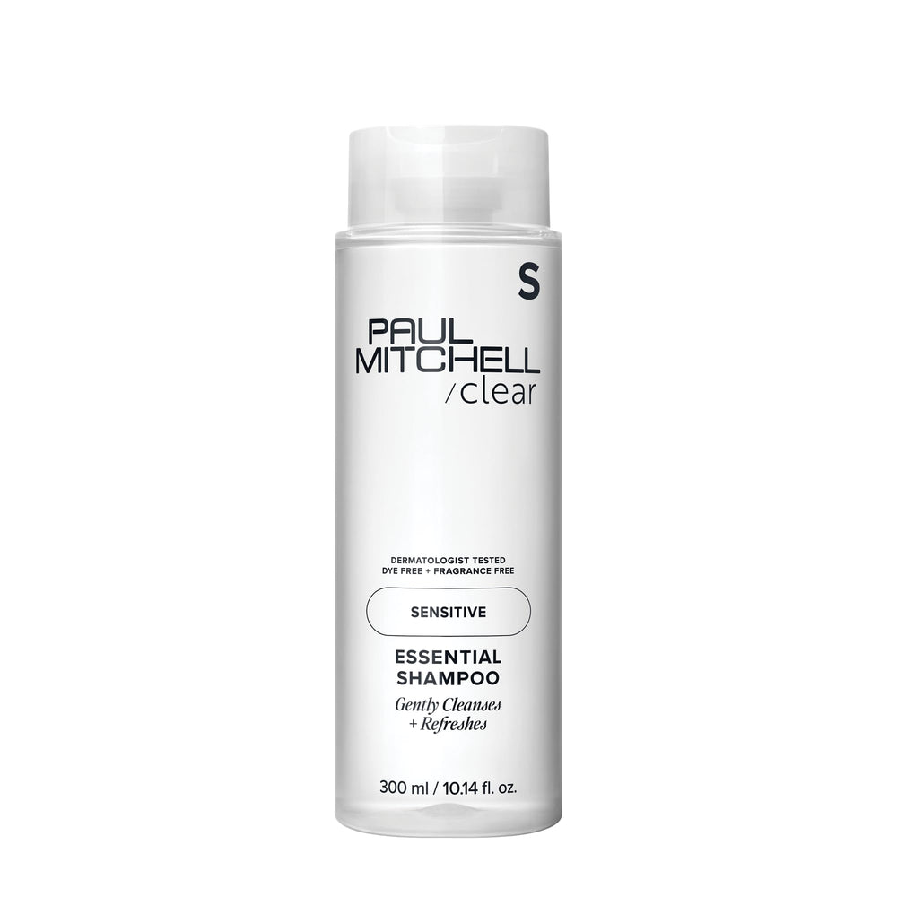 Paul Mitchell Clear Essential Shampoo fragrance-free bottle for sensitive scalp daily cleansing.