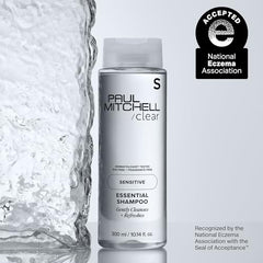 Paul Mitchell Clear Essential Shampoo fragrance-free label closeup highlighting zero dyes and fragrances.