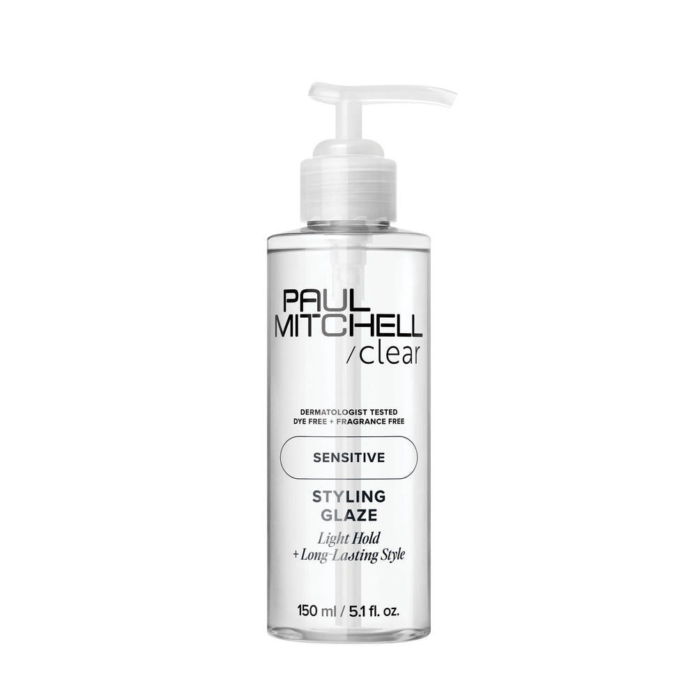 Paul Mitchell Clear Styling Glaze bottle shows fragrance-free finish for sensitive scalps