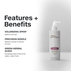 Paul Mitchell Extra-Body Root Boost bottle in-use during hair styling for added fullness