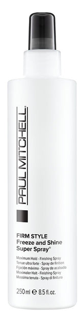 Paul Mitchell Freeze and Shine bottle close-up shows long-lasting hold.