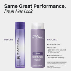 Closeup of Paul Mitchell Violet Shampoo bottle showing violet tones for brassy reduction.