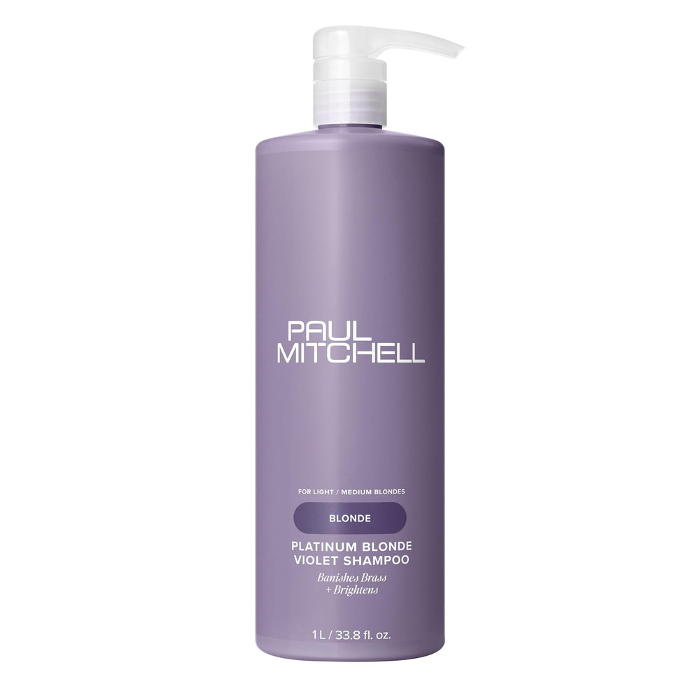 Paul Mitchell Platinum Blonde Violet Shampoo bottle reduces brass with violet tint.
