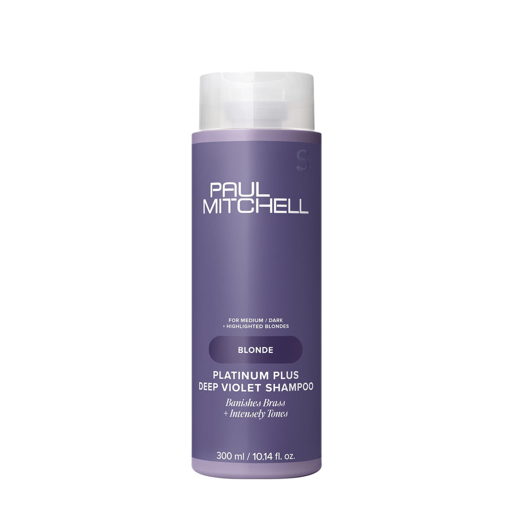 Paul Mitchell Platinum Plus deep violet shampoo bottle shows brass-neutralizing potential