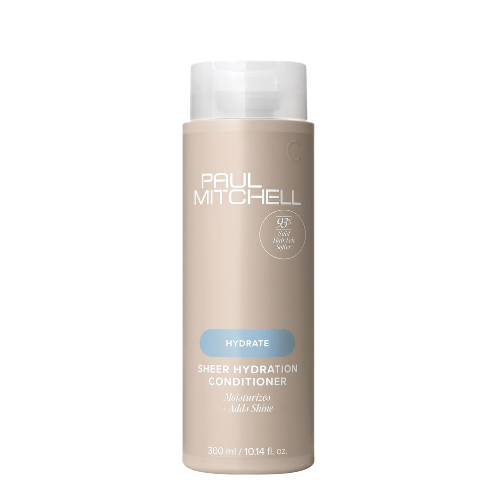 Paul Mitchell Sheer Hydration bottle front showing hydrated, shiny hair