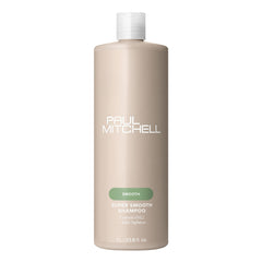 Paul Mitchell Super Smooth Shampoo bottle demonstrates frizz-control for daily use.