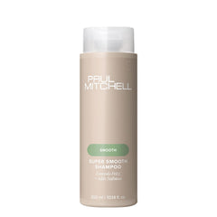 Paul Mitchell Super Smooth Shampoo bottle emphasizes frizz control and smoother hair.