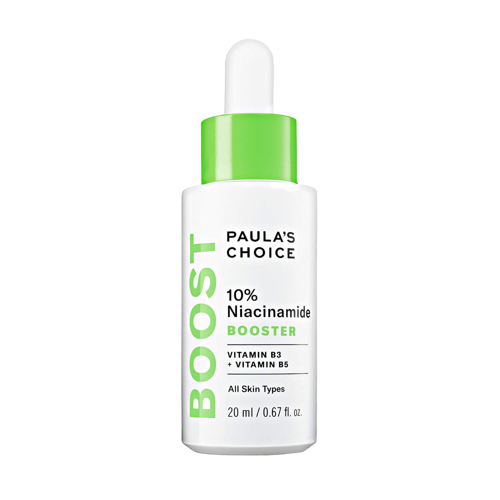Paula's Choice Boost 10% Niacinamide bottle shows a pore-minimizing serum for refined texture.