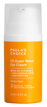 Paula's Choice C5 Eye Cream tube close-up shows a potent brightening formula