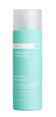 Paula's Choice Calm Milky Toner bottle close-up shows fragrance-free hydration for sensitive skin.
