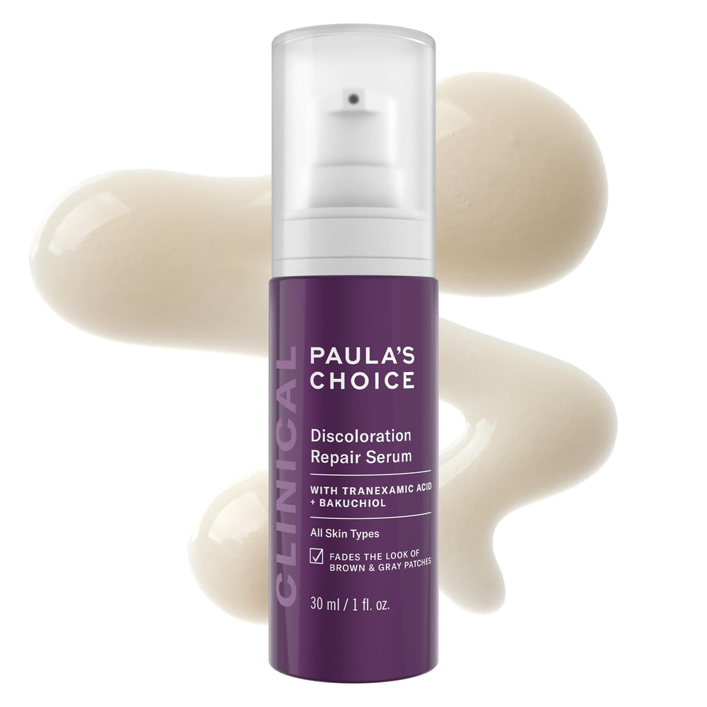 Paula's Choice Clinical Discoloration Repair Serum bottle promotes even skin tone and targeted dark spot treatment.