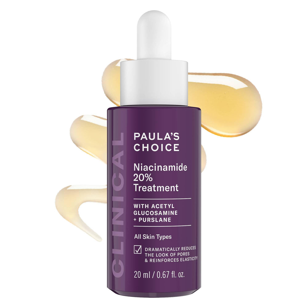 Paula's Choice clinical niacinamide serum bottle highlights 20% concentration for pore refinement.