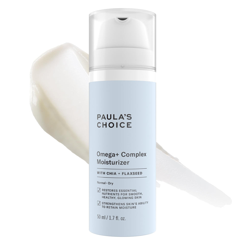 Paula's Choice Omega+ Complex Moisturizer bottle demonstrates hydrating formula for dry skin