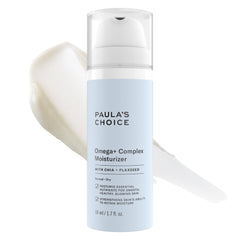 Paula's Choice Omega+ Complex Moisturizer bottle demonstrates hydrating formula for dry skin