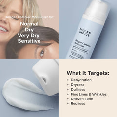 Paula's Choice Omega+ Complex Moisturizer spread-on-hand highlights nourishing hydration