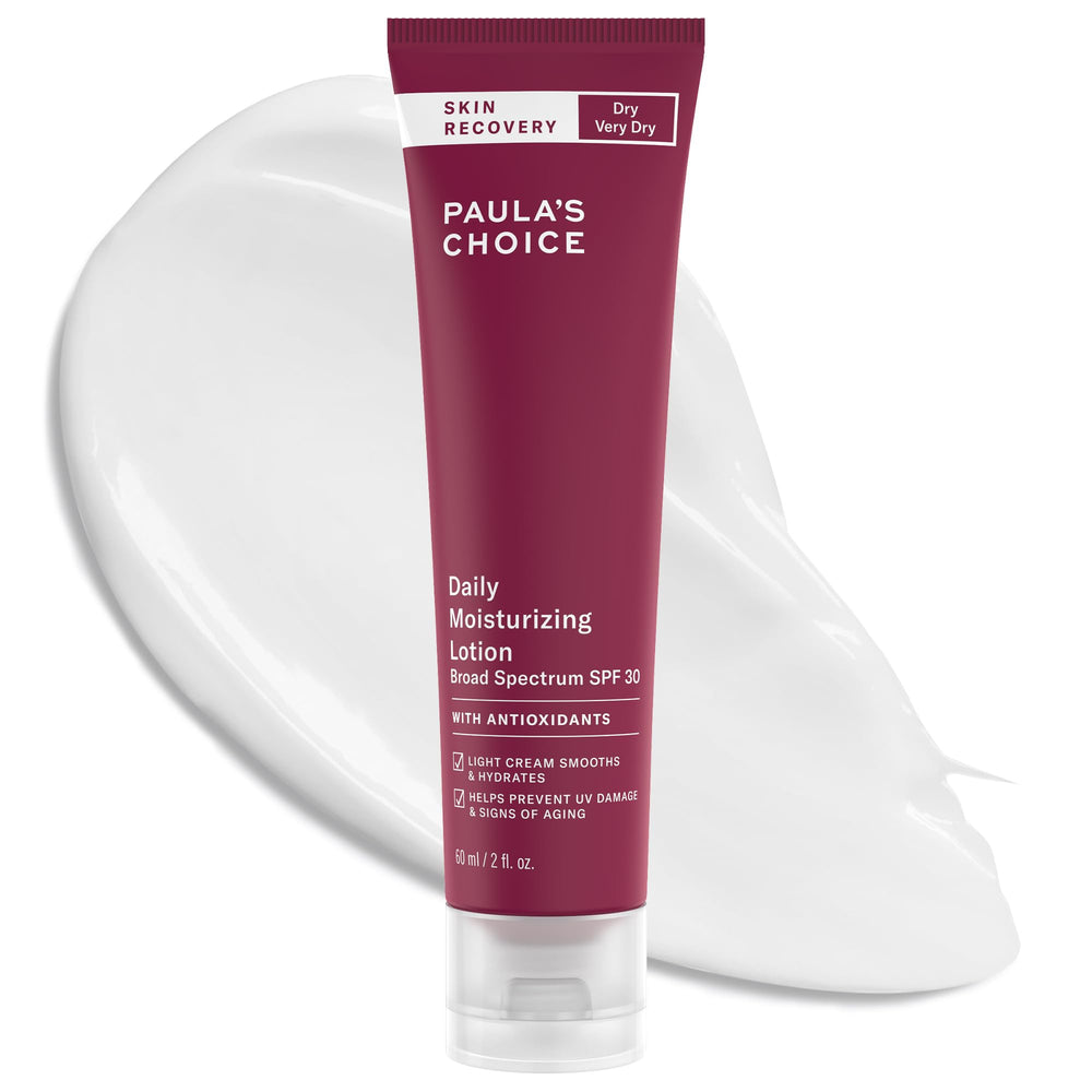 Paula's Choice Skin Recovery Daily Moisturizing Lotion SPF30 bottle provides hydrating sun protection.