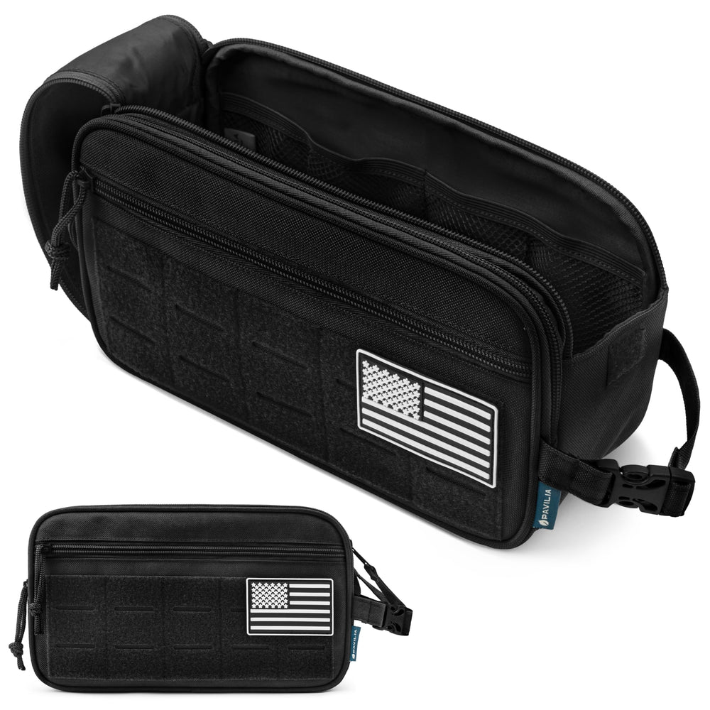 PAVILIA tactical toiletry bag front MOLLE area keeps gear organized on the go