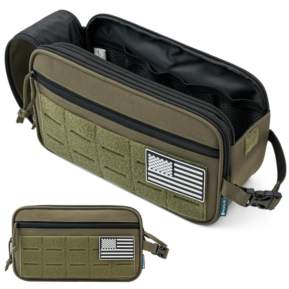 PAVILIA tactical toiletry bag front view with MOLLE webbing for modular travel organization