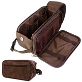 PAVILIA toiletry bag in dark brown PU leather for durable travel protection.