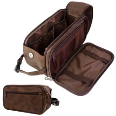 PAVILIA toiletry bag in dark brown PU leather for durable travel protection.