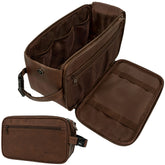 PAVILIA toiletry bag front view in dark brown with spacious main compartment for grooming essentials.