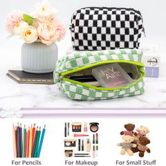 PAZIMIIK checkered makeup bag open interior with cosmetics and brushes