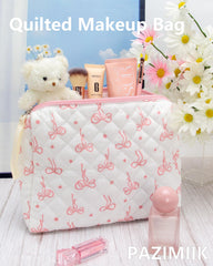 PAZIMIIK quilted makeup bag mesh pocket neatly stores brushes and lip products.