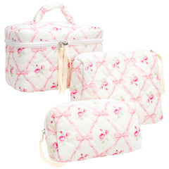 PAZIMIIK Bow Rose quilted exterior makeup bag in large size for premium organization