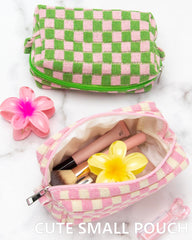 PAZIMIIK checkered makeup bag open zip highlights accessible interior for quick makeup routines.