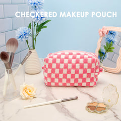 PAZIMIIK checkered makeup bag roomy compartment fits brushes, lipstick, skincare, and more.